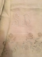 Drap Ancien En Lin Brodé Écru Monogramme SB Linge De Maison Lit