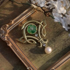 Collier Pendentif Broche Doré Jade Vert Blanc Donut Perle Art Nouveau Style SB38