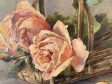 Huile sur toile signée Zenner – Panier de roses – Nature morte encadrée