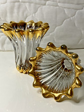 Rare paire de vases en verre  forme corolle touches dorées année 50 H14 cm