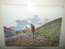 Tableau Ancien dessin aquarelle avec un laboureur de montagne