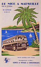 AFFICHE ANCIENNE J. PAQUIER EUROPA BUS AUTOCAR SNCF DE NICE A MARSEILLE ci 1950'