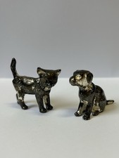 Lot 2 mini figurines anciennes en métal bronze plomb Chien Chat