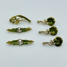 Collection De 6 Antique Art Nouveau 14k or Vert Émail Fleur Petit Pins