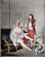 EROTISME -JEUNE FEMME DÉNUDÉE mettant sa JARRETIÈRE -Planche couleur (J-B. Huet)