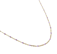 Collier perles résine violet acier inoxydable or artinal fait main femme 60 cm