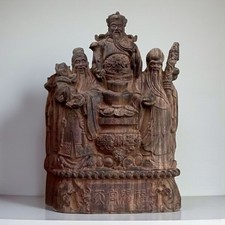 Statue ancienne Fuk Luk Sau bois sculpté, 3 Dieux chinois, Feng Shui, rare
