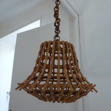 Ancien Lustre Suspension Vintage Rotin Era Lampe Louis Sognot Audoux Minet 60S