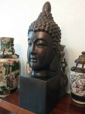 Grande tete de Bouddha japonais sur socle  pat bronze 50 cm