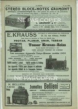 1904 publicités Block-Notes GAUMONT Jumelles Bellieni appareils Krauss 