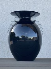 Vase Art Deco Verre Noir Anses Boules Tchécoslovaquie Ht 25,5cm Bon État