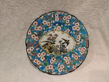 Assiette émaux Longwy cartouche 2 oiseaux et fleurs de pommier d188 25cm