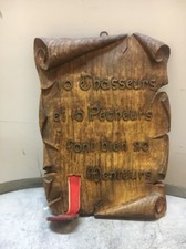 Ancien Panneau Bois Art Populaire Proverbe Chasseurs Pêcheurs Menteurs Sculpte