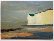 Jolie Peinture Marine S/Carton Falaises de Dieppe Normandie Peintre:J F. Husson