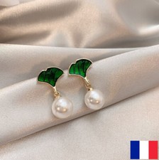 Boucle D'oreille Doré En Perle Et Feuille Verte Femme Bijoux Fantaisie Mode