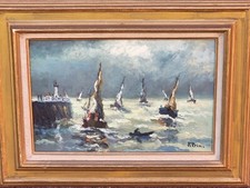 PRIN René, 1905-1985 Bateaux à Honfleur Peinture huile sur panneau de bois
