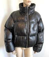 doudoune T42 noir nyloné wetlook chaude gros col rembourrée épaisse zip 723!