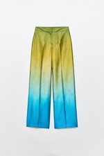 Pantalon Satin Large Jambe Tie-Dye ZARA Vert Bleu Jaune XS Extra Petit 6 2 34