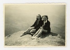 Snapshot - SITTING ON TOP OF THE MOUNTAIN Original Vtg Found Photo 1940s Leggy