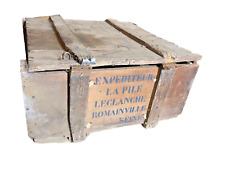 ANCIENNE CAISSE EN BOIS DE TRANSPORT PILE LECLANCHE PUBLICITAIRE PLAQUE ÉMAILLÉE