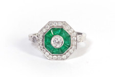 Bague émeraudes diamants de style Art Deco en or 18k, bague vintage