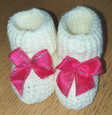 CHAUSSON BOTTON BEBE FILLE BLANC MAILLE TRICOT NEUF AVEC NOEUD ROSE NAISSANCE