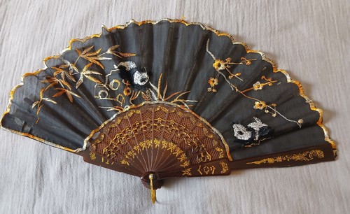 éventail ancien tissu brodé - Éventail,