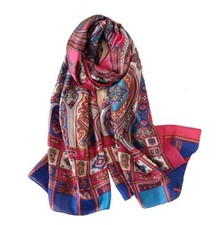 Grand Foulard rose et bleu 100% Soie à motif   -  Silk séide scarf shawl NEUF