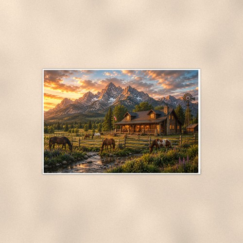 Mountain horse cabin poster - mountain,