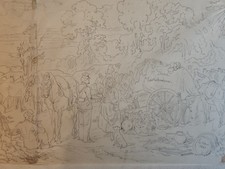 XIXe Dessin Ancien sur Calque Soldats Guerre Signé G Adam 1861 Marketenderei ART