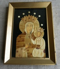 ANCIENNE ICÔNE DE LA VIERGE MARIE ET L'ENFANT JÉSUS EN MARQUETERIE - RELIGIEUX