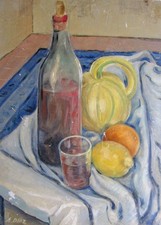 HUILE SUR CARTON. Nature morte au vin. hpa216