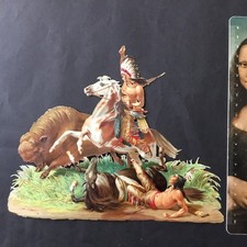 Immense Chromo Indiens Chasse Au Bison 21 cm Ancien Gaufré XIXè Victorian Scrap