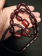 ANTIQUE Collier Sautoir CHERRY AMBER AMBRE BAKELITE BEADS NECKLACE MARBLED 82G