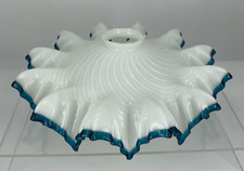 Ancien Abat-Jour Opaline Blanche Et Bleu Électrique Vintage