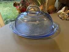 Grande cloche à fromage ou dessert plat présentoir vintage verre bleu art déco