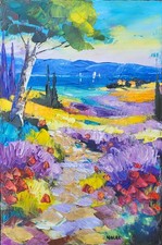 Tableau sorti de l'atelier de Nolac 30X20 cm Sentier en Provence Coquelicots