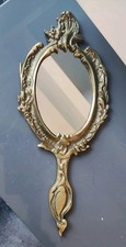 Ancien Miroir Face À Main Ovale, Style Victorien/Baroque. En Bronze Doré/29x12cm