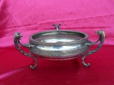 ancien plat centre de table métal argenté , coupe pied dauphin tripode