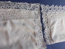 DEUX TAIES D'OREILLER ANCIENNES LIN BRODERIE RICHELIEU DEPAREILLEES 1910