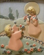 A.L MARCAGGI PEINTURE TABLEAU RELIGIEUX CERAMIQUE DECOR EMAIL ANGE ENFANT
