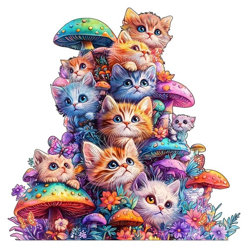 Puzzle bois chat champignon