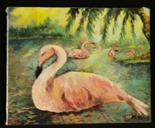 tableau huile sur toile portrait flamant rose 50x40cm 