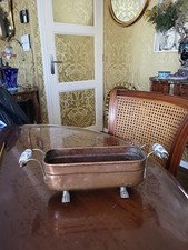 Ancienne Petite Jardinière En Cuivre Rose Poignées Delft Et Pattes De Lions 