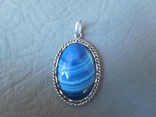 Pendentif ancien vintage ovale pierre naturelle agate bleu grise argent massif