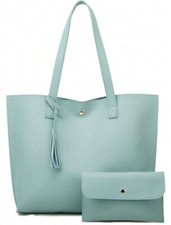 2X Sac Cabas Bleu Ciel Simili Cuir Fourre Tout + Pochette - Ensemble 2 Pièces