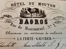 [ BAGROS A LA FERTE GAUCHER FACTURE EN TÊTE SECOND EMPIRE 1866 ] HOTEL DU MOUTON