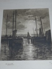 Grande Eau Forte gravure signée Emile HUMBLOT (1862-1931) sur la jetée du port