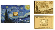 Vincent Van Gogh Nuit étoilée 1/1000 oz or 0,999 dans carte pièce 3000 francs...