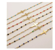 Bracelet Femme Croix Perles Résine Minimaliste Acier Inoxydable Cadeau Neuf